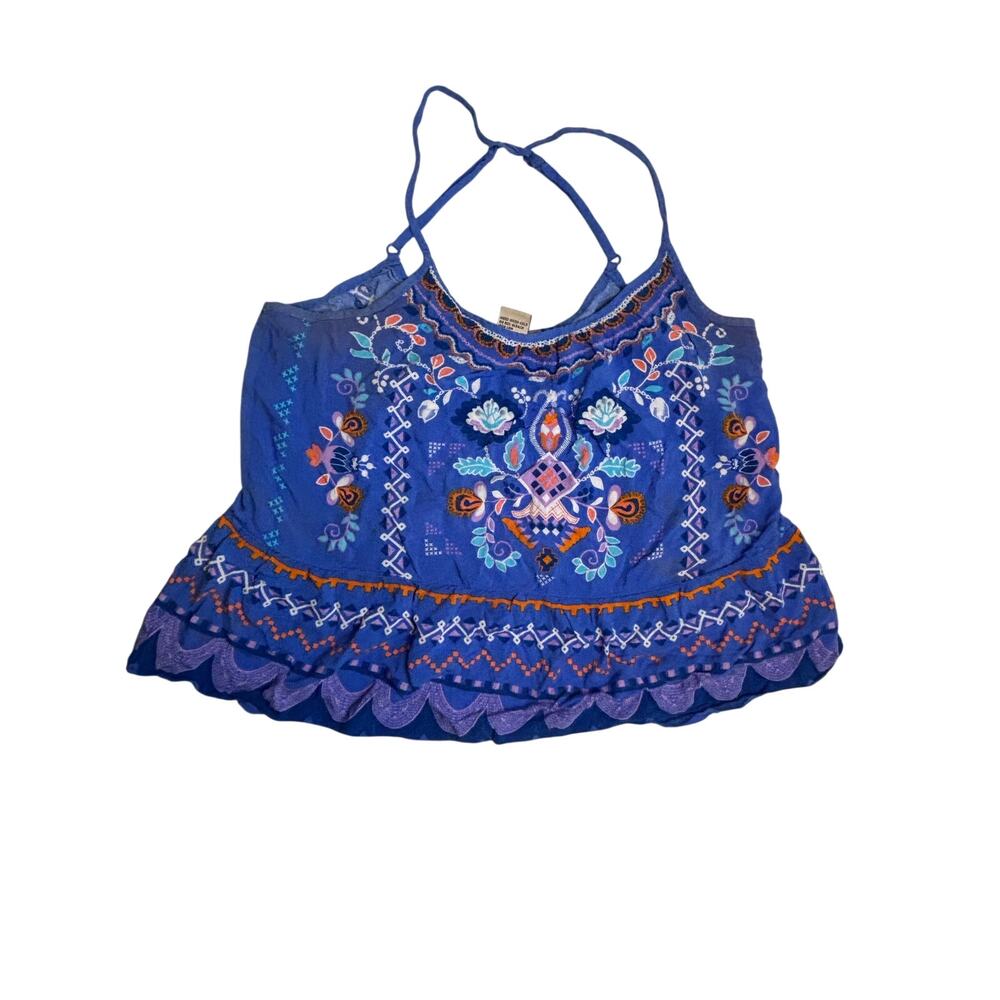Flying Tomato Boho Cropped Tank Top Medium Blue Orange Rayon